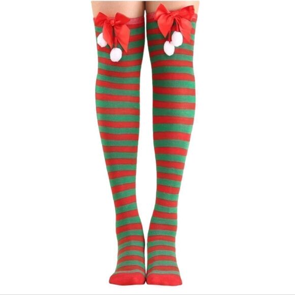 Red and Green Pom Pom Knee Socks - Picture 1 of 3